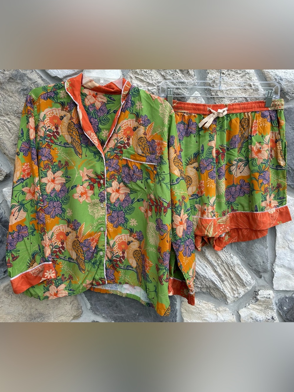 POWDER UK Pajama Set Size L Cockatoo In Sage Oversized Resort Loungewear Electic